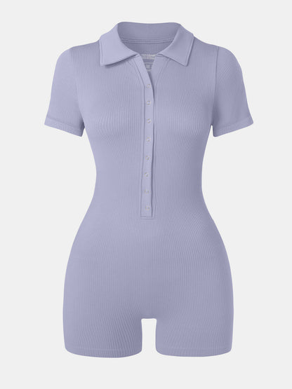 Collared Neck Short Sleeve Active Romper Light Blue