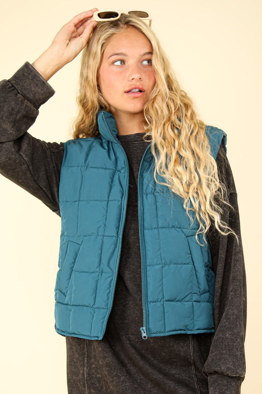 VERY J Zip Up Puffer Padded Warm Vest Sea Foam