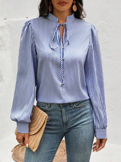 Striped Tie Neck Long Sleeve Blouse Dusty Blue