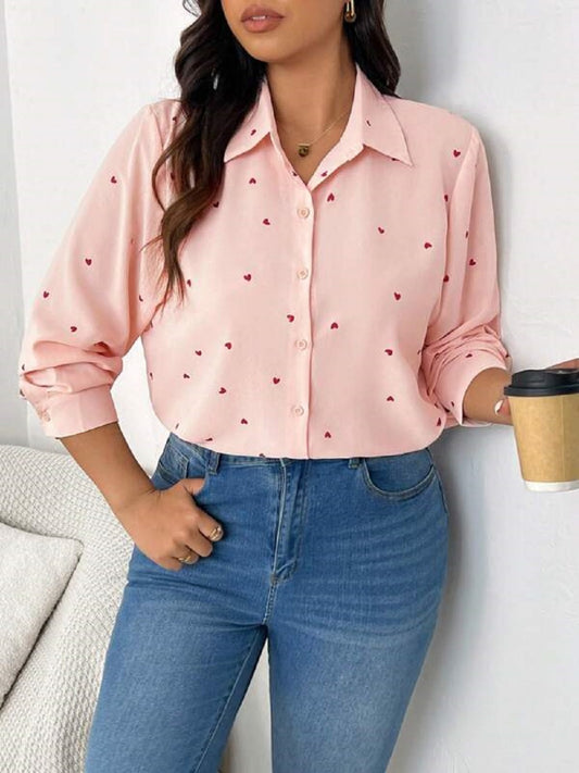 Heart Collared Neck Long Sleeve Shirt Watermelon pink