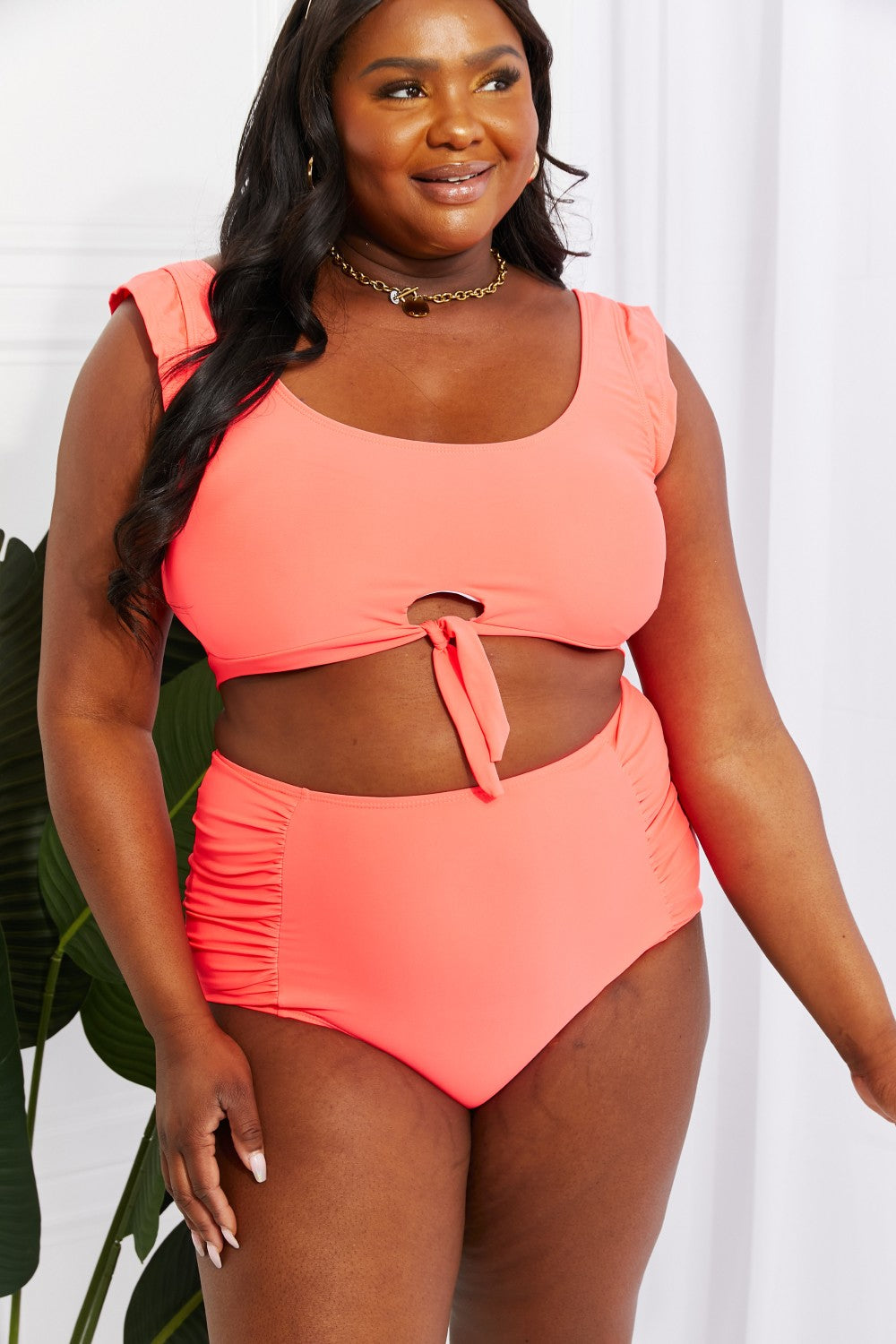 Coral Ruffle High-Waisted Crop Bikini Set