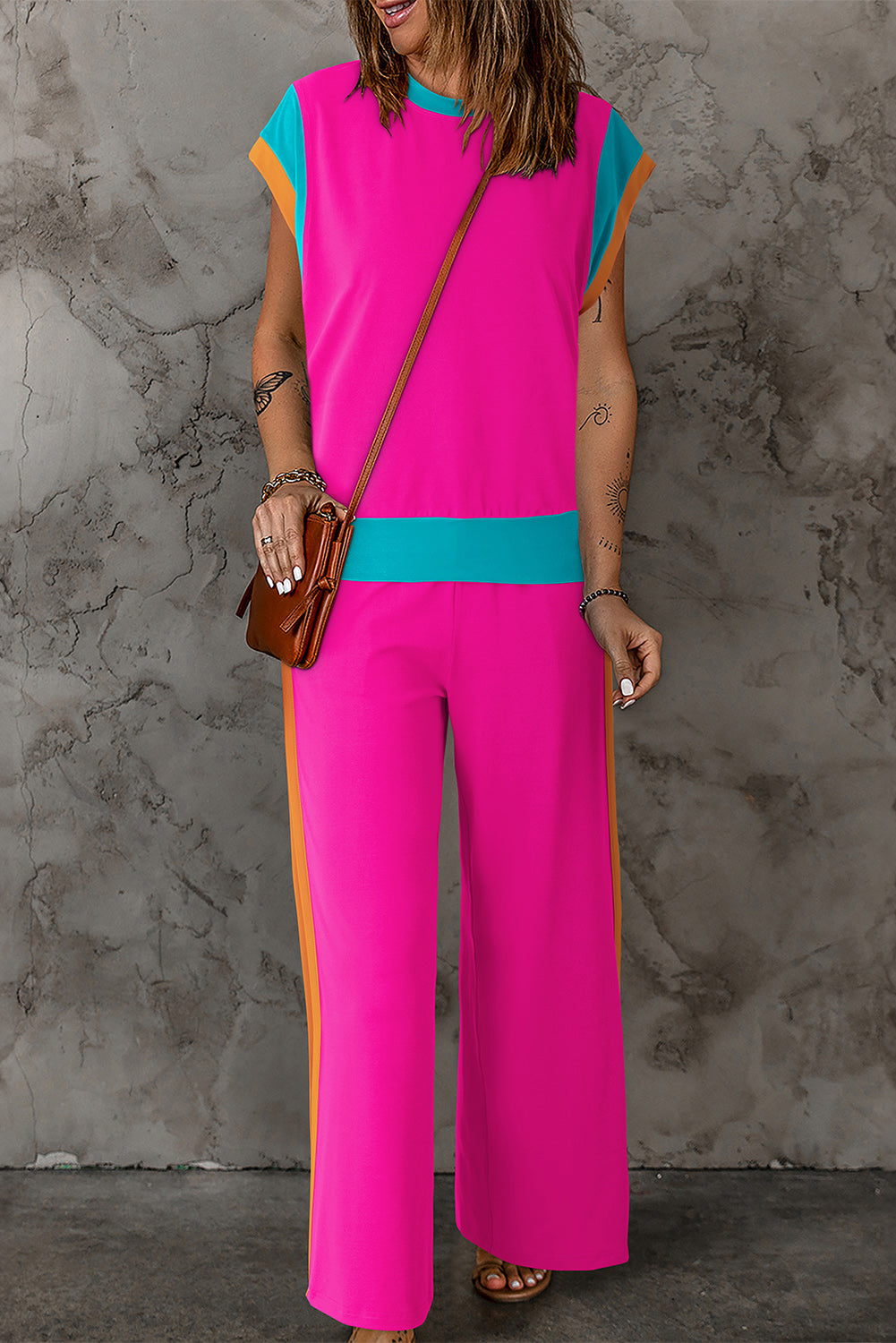 Polyester Two-Piece Set with Contrast Top & Pants Hot Pink