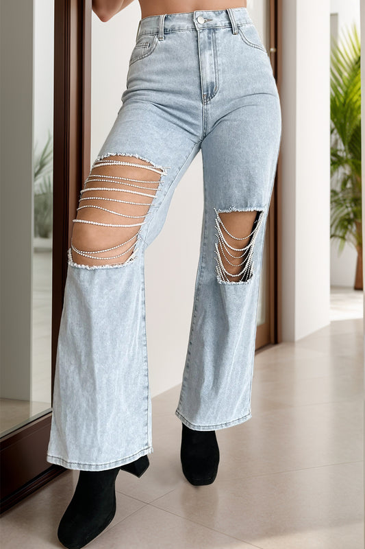 Distressed Bead Chain Straight Jeans Light