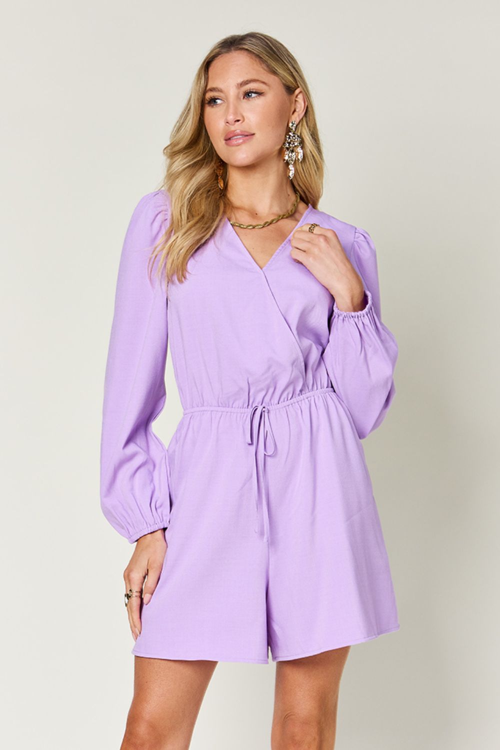Relaxed Fit Drawstring Romper with Long Sleeves Lavender