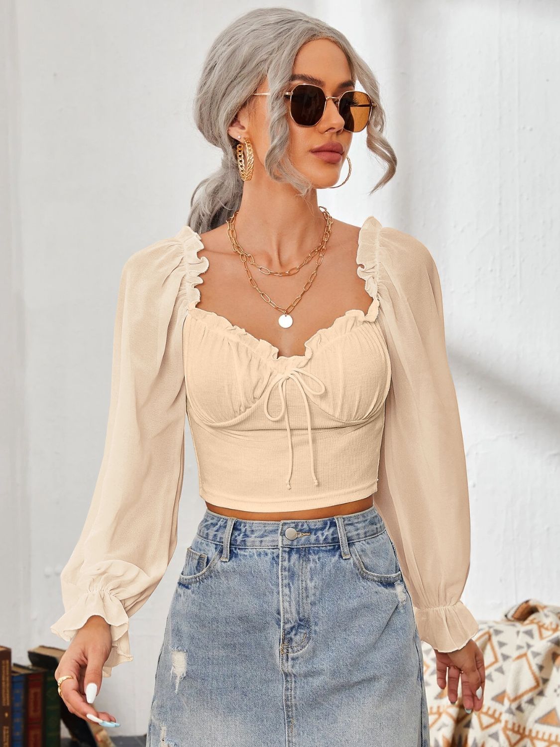 Mesh Sweetheart Neck Flounce Sleeve Top Tan