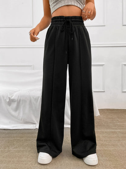 Honey Drawstring Elastic Waist Wide Leg Pants Black