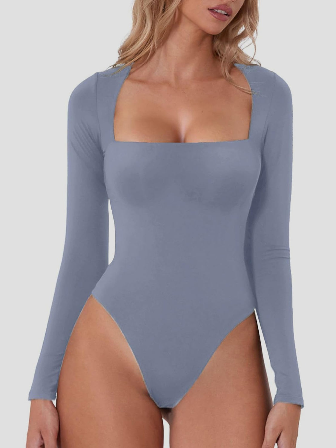 Square Neck Long Sleeve Bodysuit Light Blue