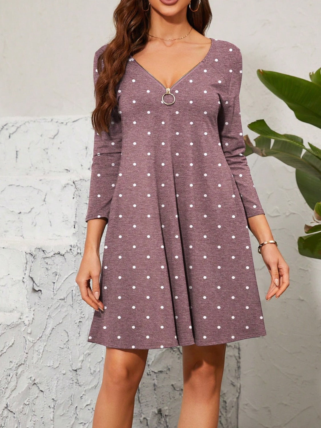 Polka Dot Quarter Zip Long Sleeve Dress Mauve