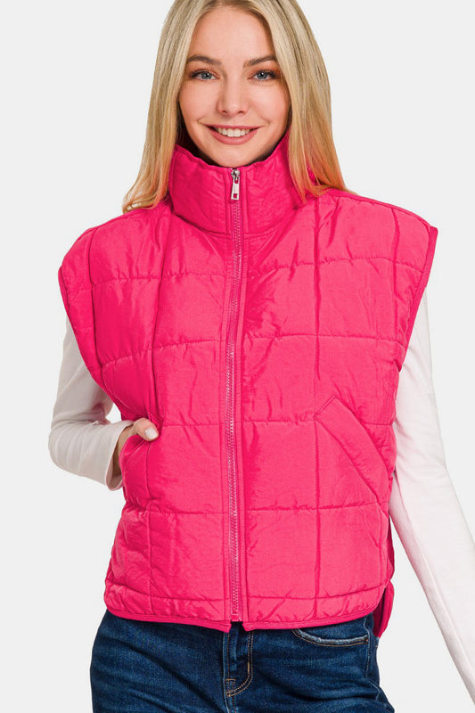 Zenana Zip Up Cropped Puffer Vest with Pockets Hot Pink