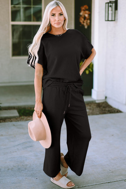 Textured Drawstring Waistband Pants and Top Set Black