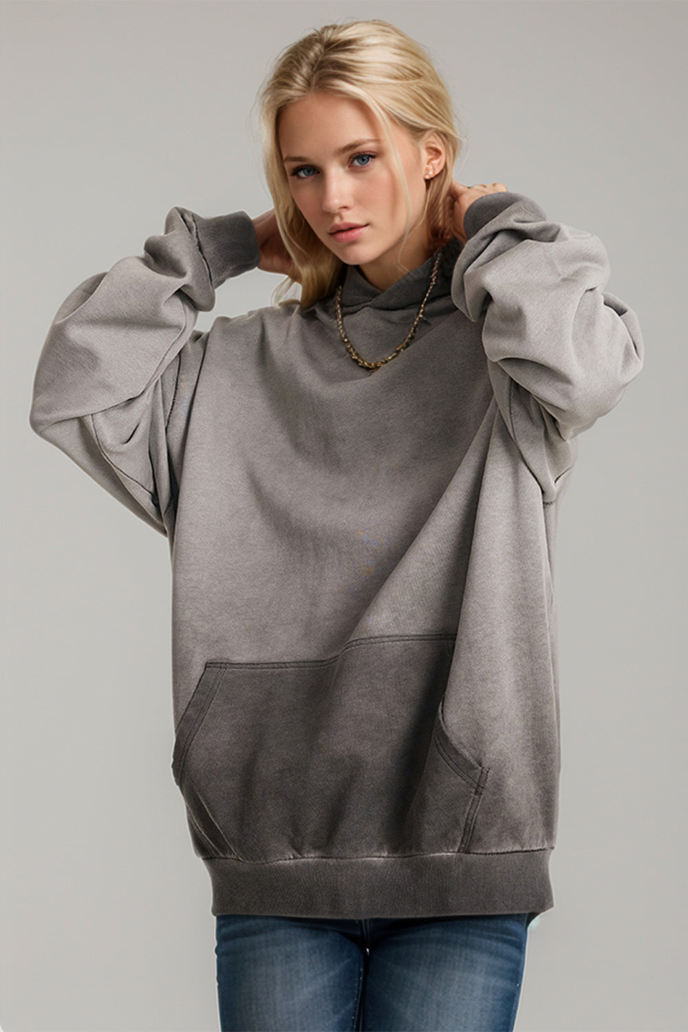 Basic Bae Drop Shoulder Long Sleeve Hoodie with Kangaroo Pocket Gray