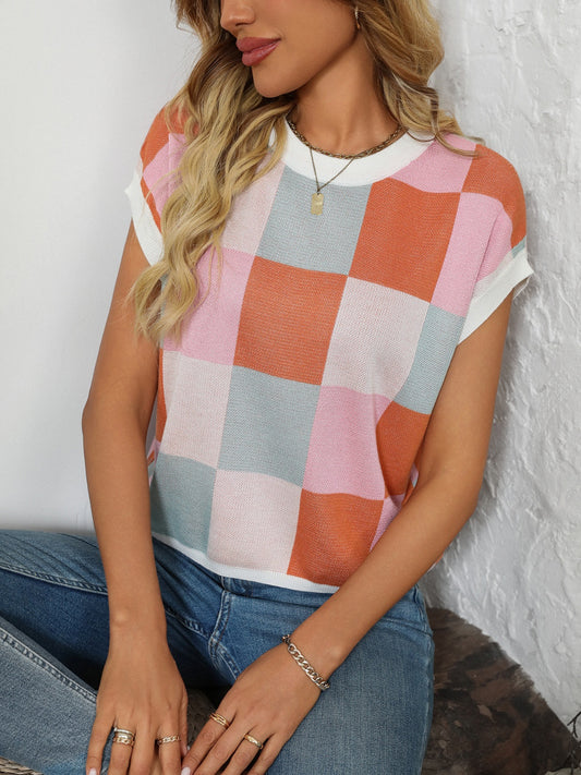 Mandy Checkered Round Neck Cap Sleeve Knit Top Pink Orange