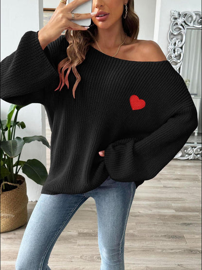 Heart Boat Neck Dropped Shoulder Sweater