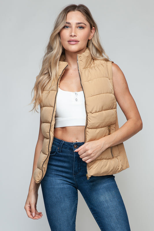 Snobbish Zip Up Turtleneck Vest with Pockets Iced Coffee