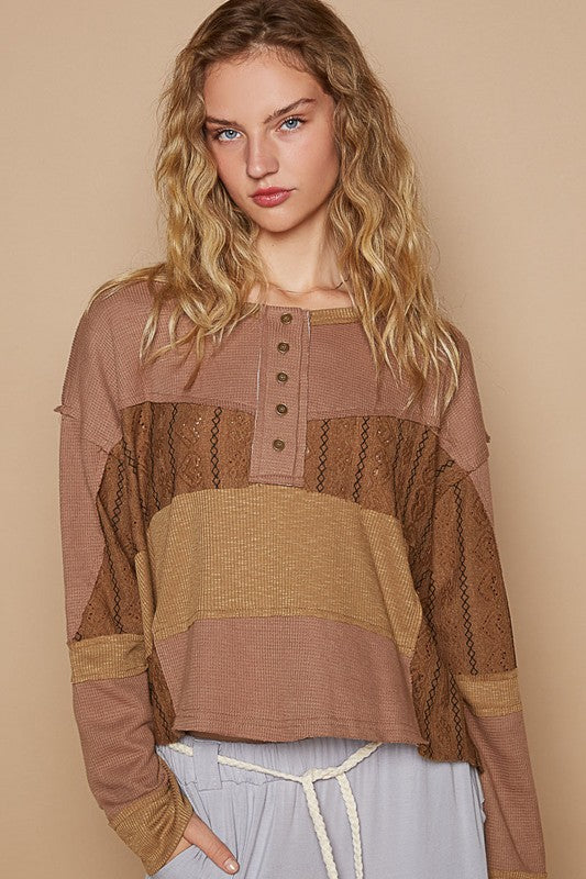 POL Half Button Color Block Drop Shoulder Knit Top Dark Brown