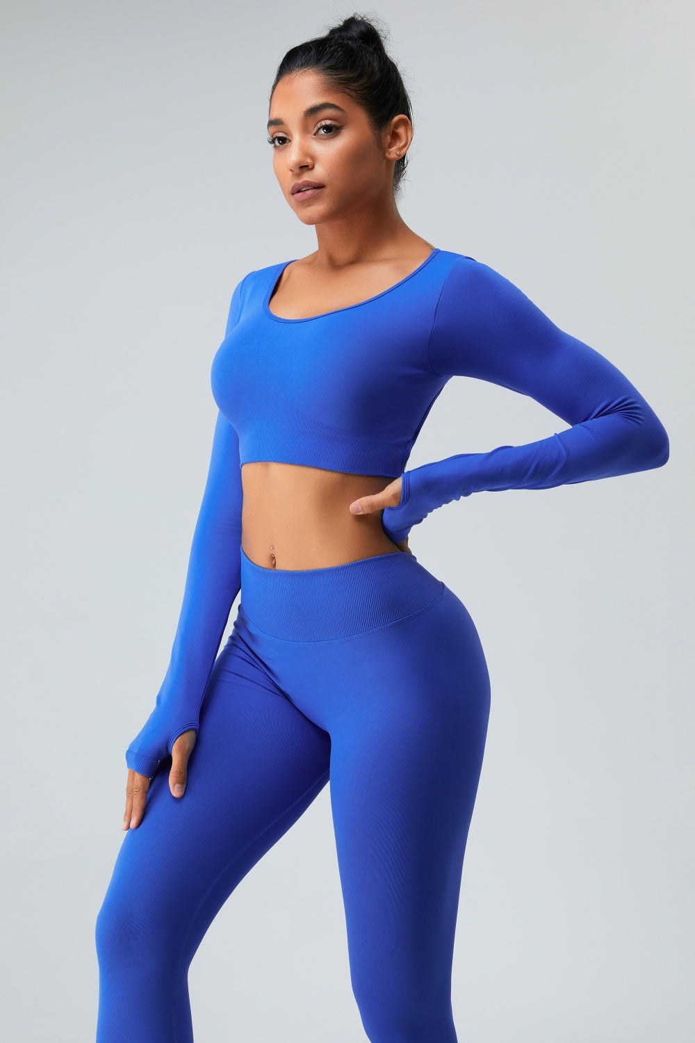 Cutout Round Neck Long Sleeve Active T-Shirt Blue