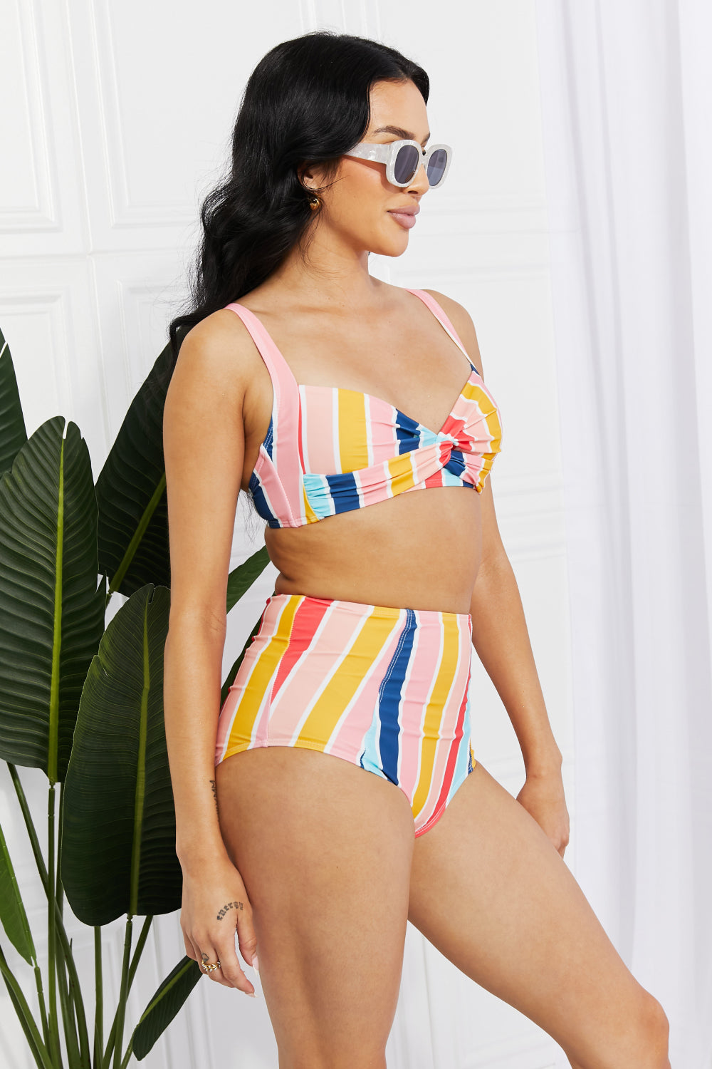 Striped Twist-Front High-Waisted Bikini