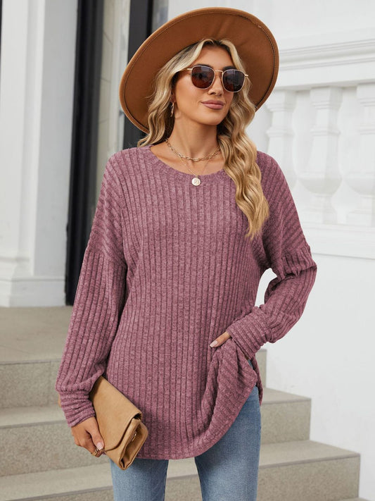 Ribbed Round Neck Long Sleeve T-Shirt Plum