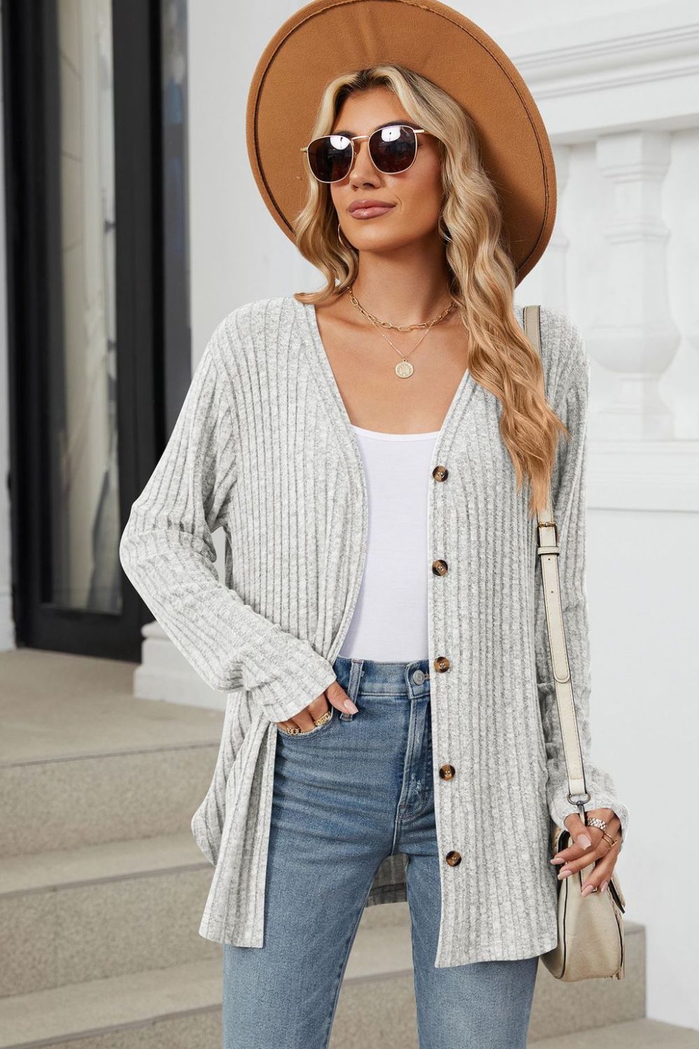 Ribbed Button Up Long Sleeve Cardigan Light Gray