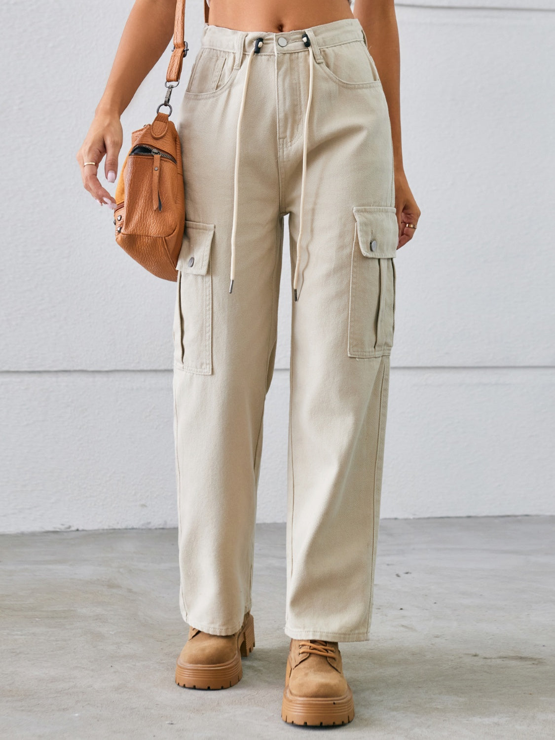 Drawstring Mid-Rise Waist Straight Cargo Jeans Tan