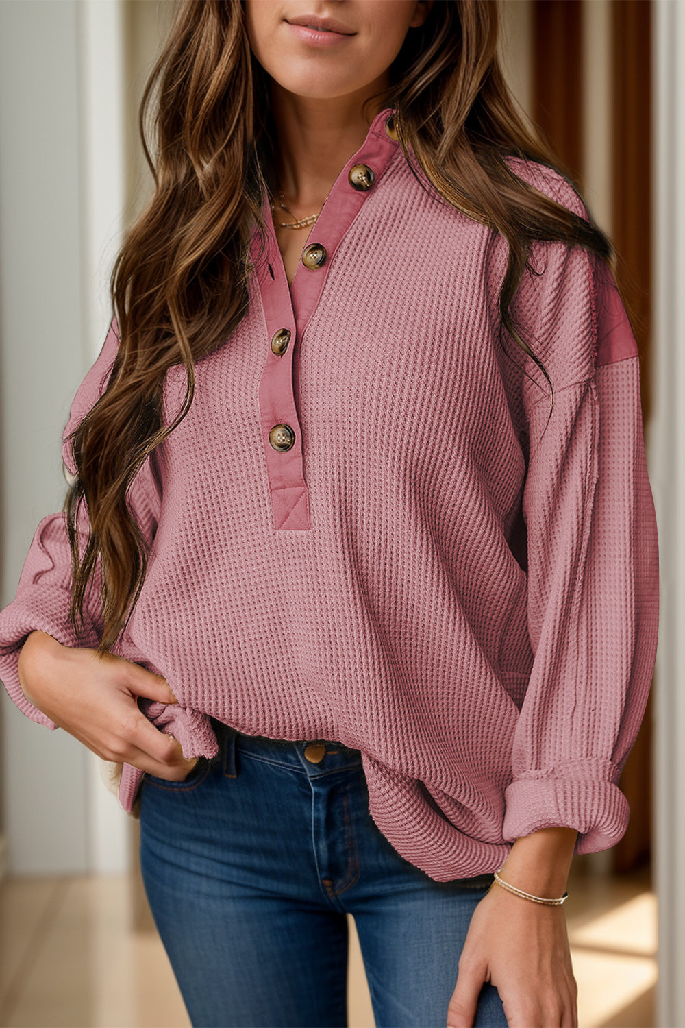 Half Button Long Sleeve Top Dusty Pink