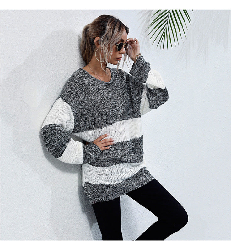 women's mid-length color block knitted sweater Grey