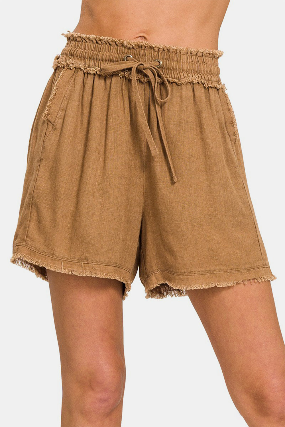 Zenana Washed Linen Frayed Hem Drawstring Shorts Deep Camel