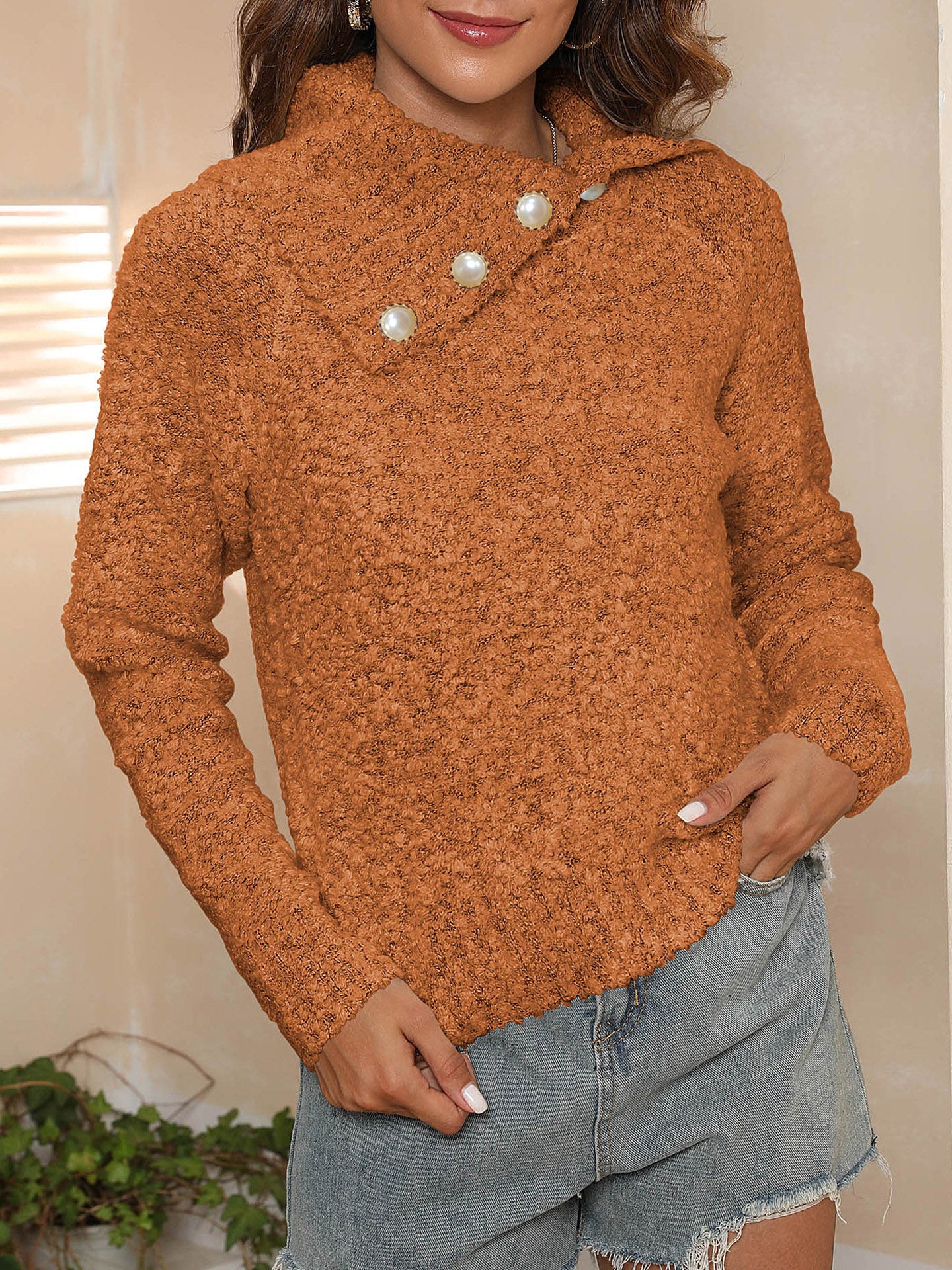 Asymmetric Collared Neck Long Sleeve Sweater Tangerine