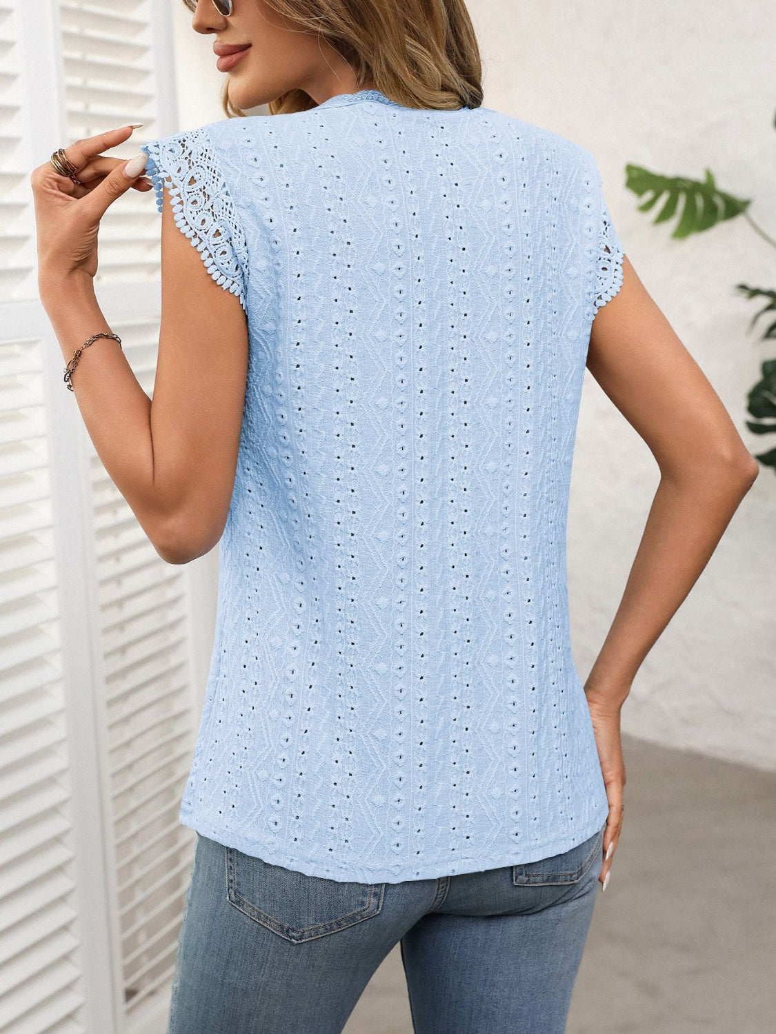 Lace Detail Round Neck Cap Sleeve Top Light Blue