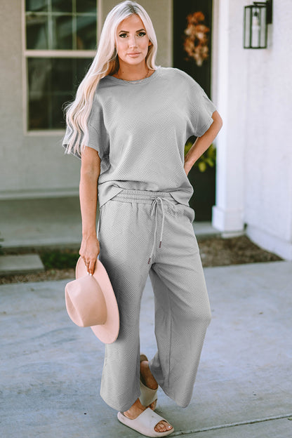 Textured Drawstring Waistband Pants and Top Set Cloudy Blue