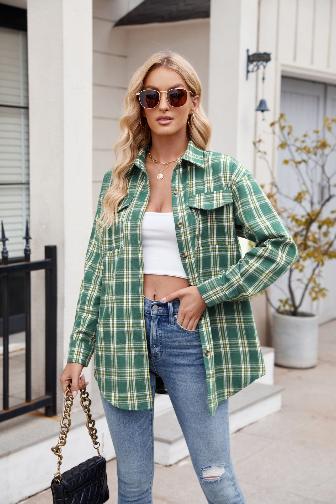 Classic Plaid Button-Down Shirt Green