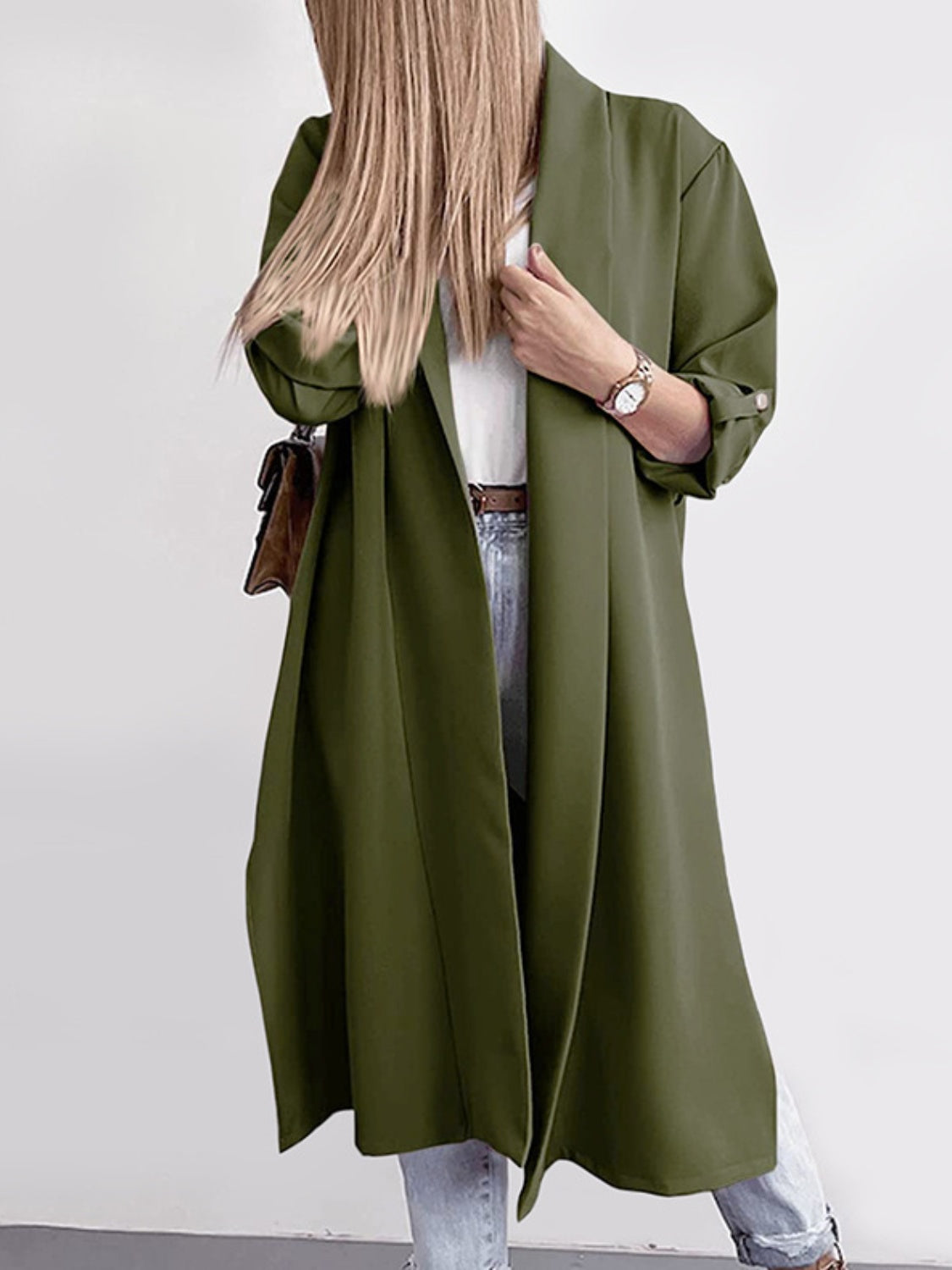 Slit Open Front Roll-Tab Sleeve Trench Coat Army Green