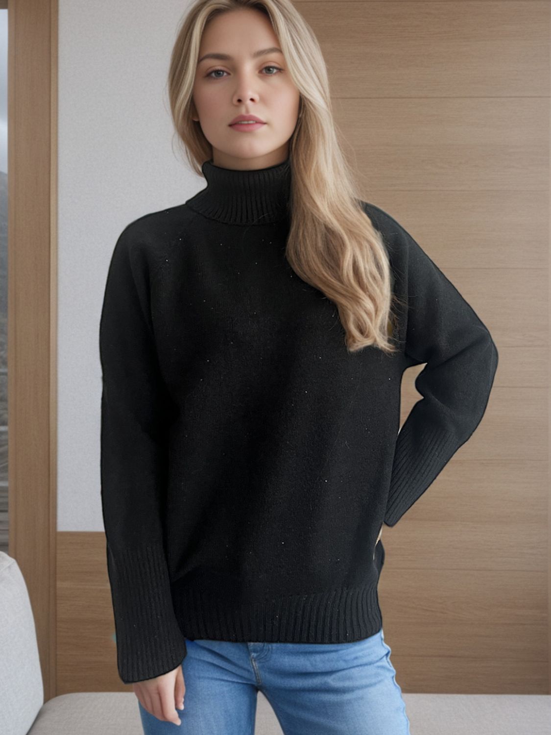 Turtleneck Raglan Sleeve Sweater Black One Size