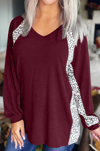 Full Size Leopard V-Neck Long Sleeve T-Shirt Burgundy