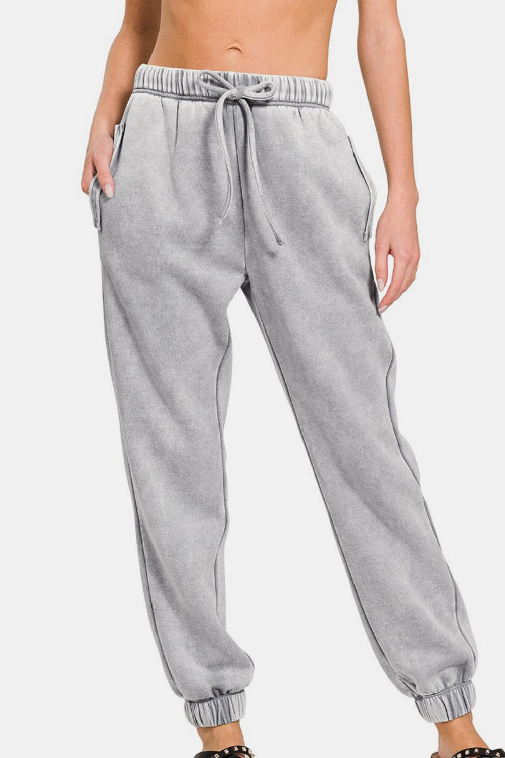 Zenana Full Size Acid Wash Fleece Drawstring Sweatpants with Pockets Sleet