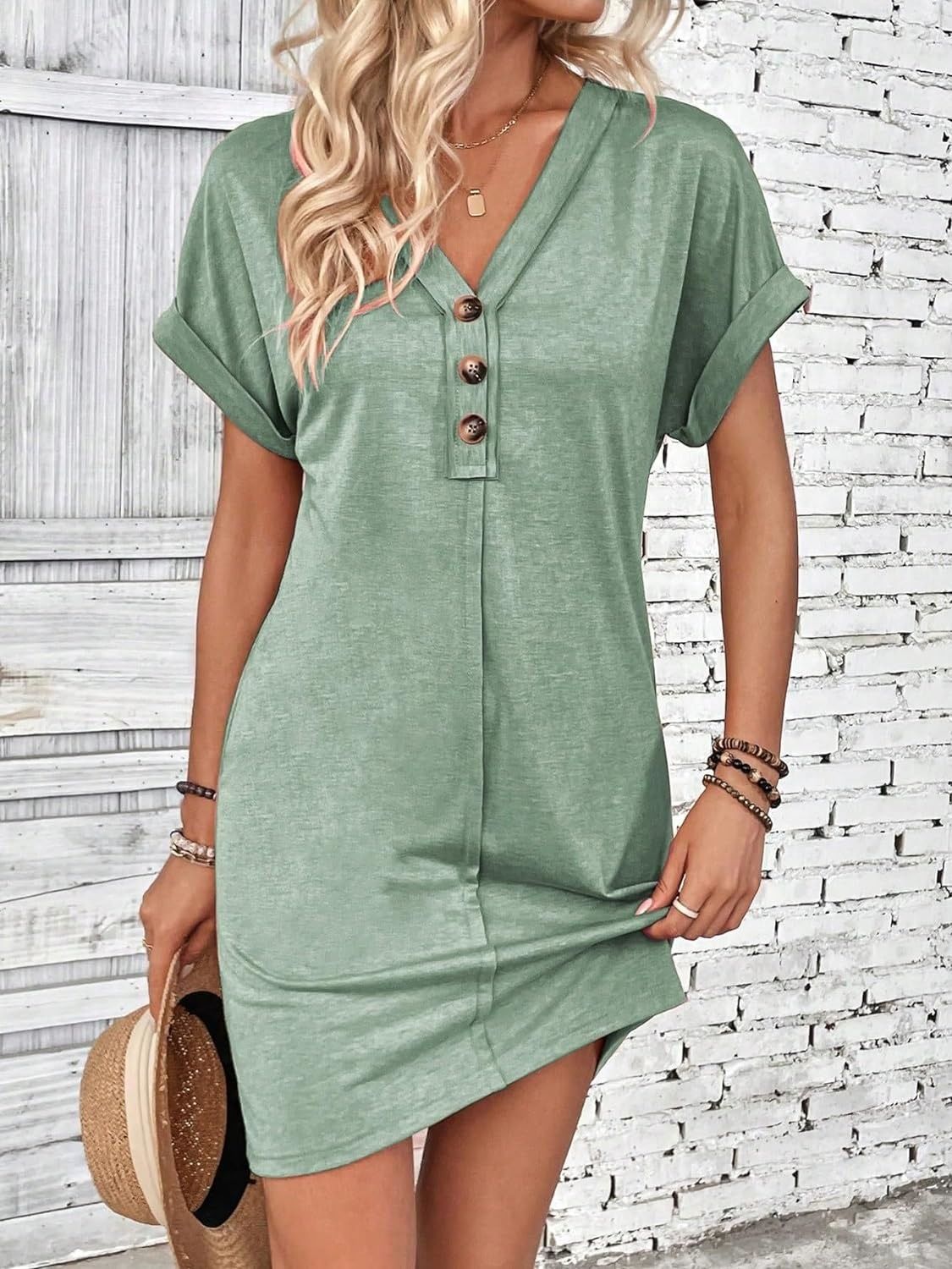 Quarter Button V-Neck Short Sleeve Dress Gum Leaf