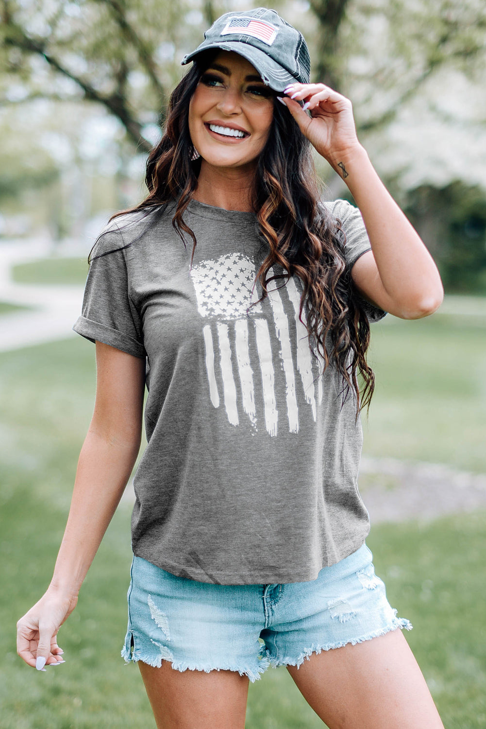 US Flag Graphic Cuffed Sleeve Tee Mid Gray