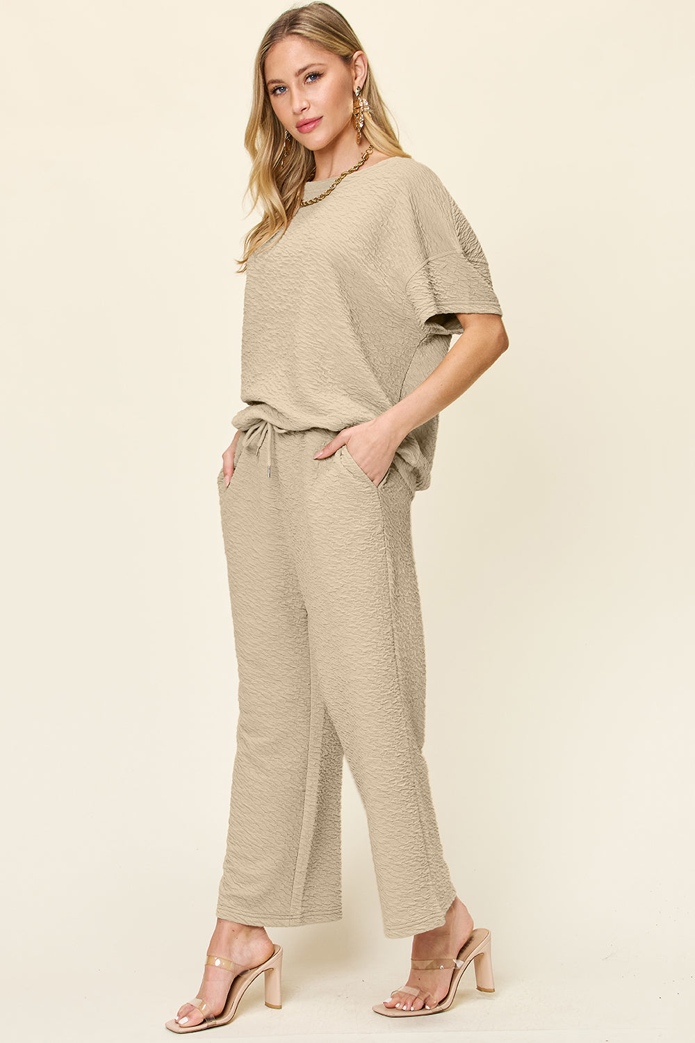 Textured Knit Short Sleeve Top and Pants Set