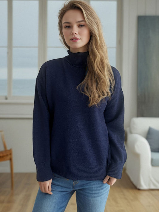 Turtleneck Dropped Shoulder Long Sleeve Sweater Dark Blue One Size