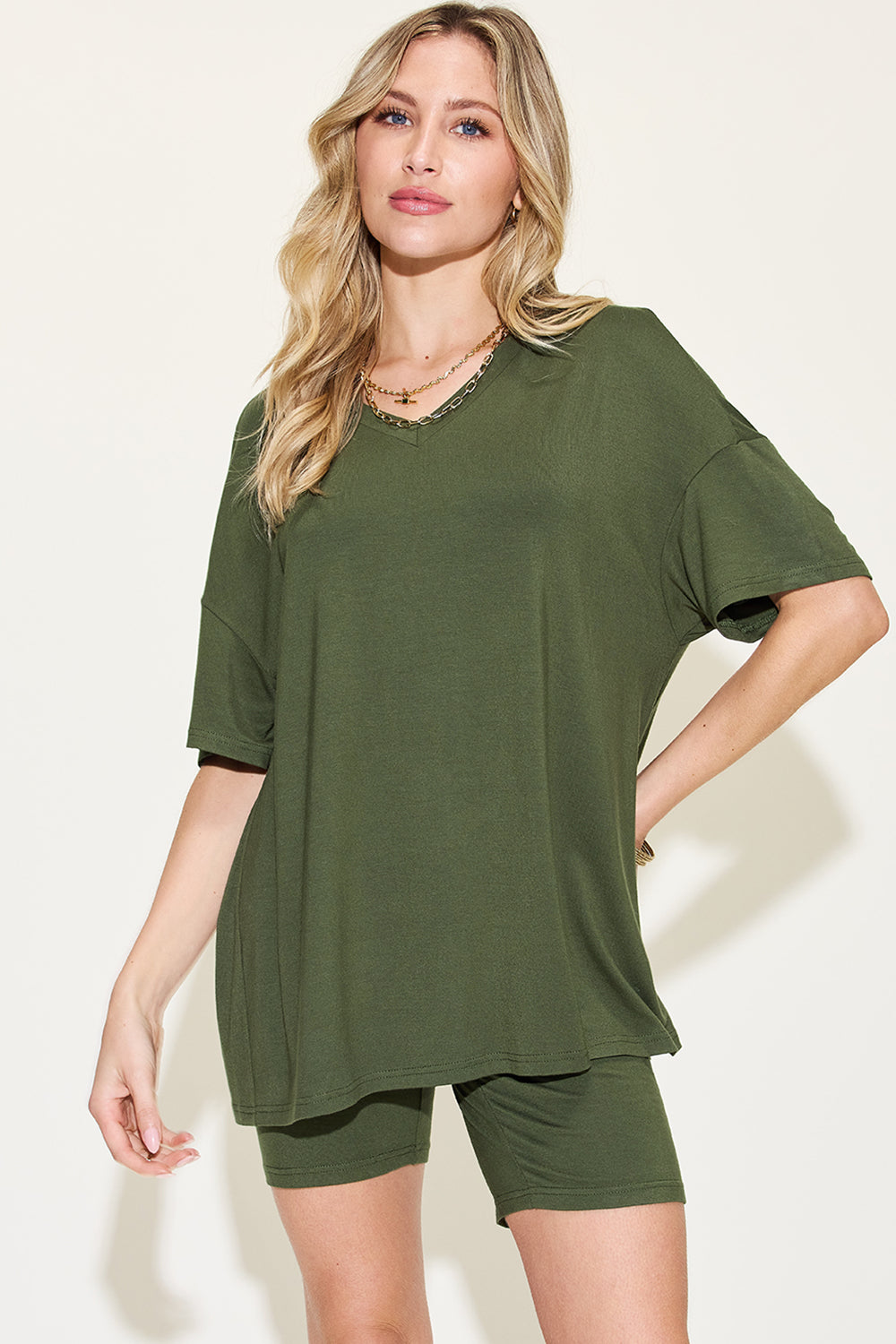 Relaxed Fit Rayon V-Neck Tee & Shorts Set Moss