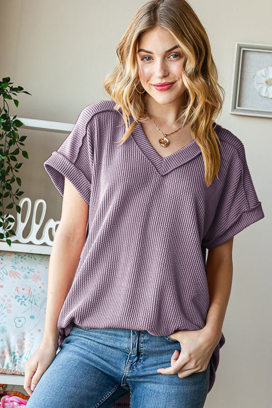Heimish Full Size Exposed Seam Short Sleeve Ribbed Top Dusty Lavender