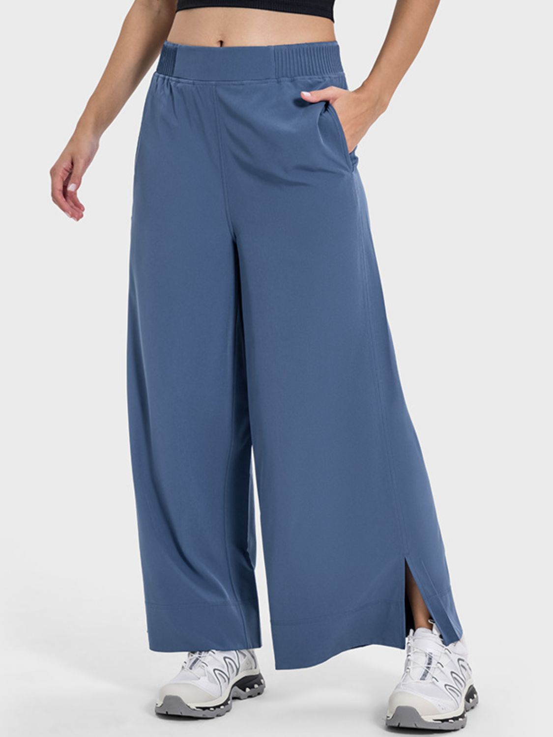 Slit Wide Leg Active Pants Dusty Blue