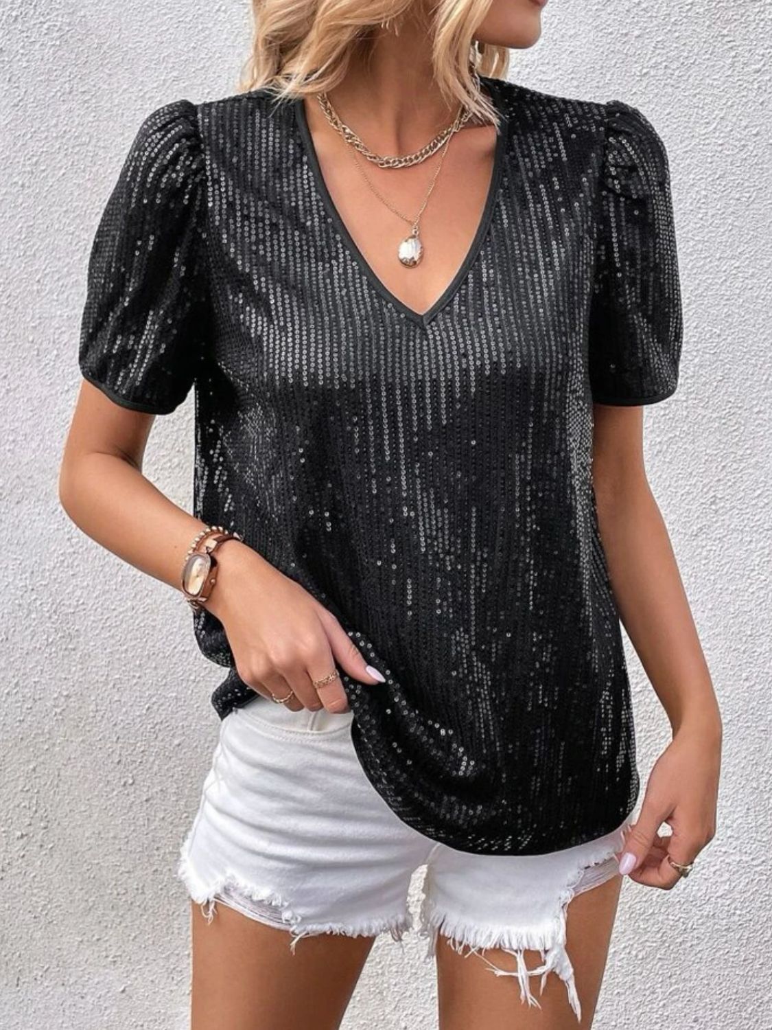 Sequin Round Neck Short Sleeve Top Black