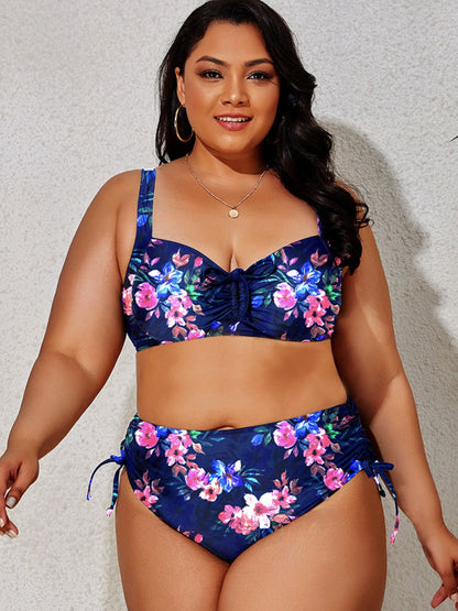 Plus Size Printed Drawstring Bikini Set Navy