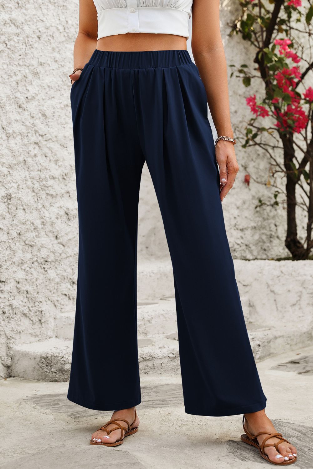 Elastic Waist Wide Leg Pants Dark Blue