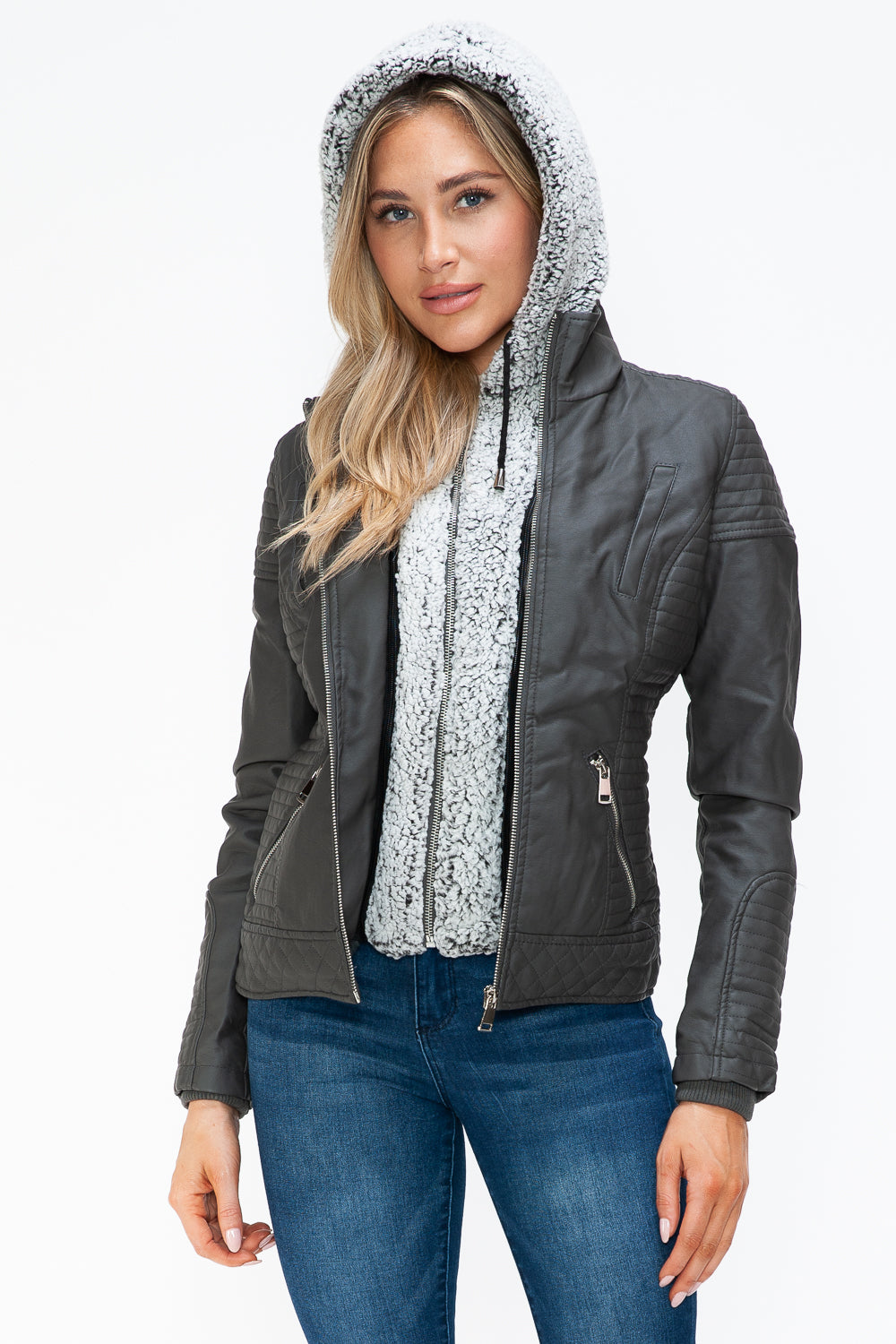 YMI Faux Layered Double-Zipper Jacket with Fuzzy Hood Charcoal