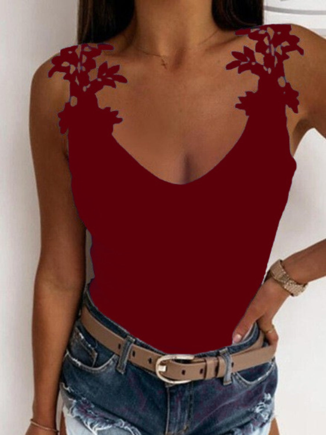 Full Size Lace Detail Scoop Neck Tank Burgundy