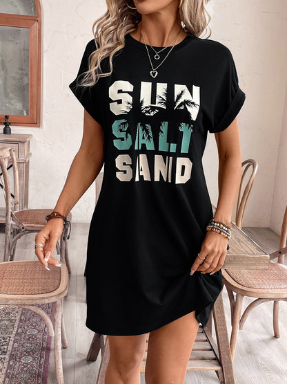 Letter Graphic Round Neck Short Sleeve Mini Tee Dress Black