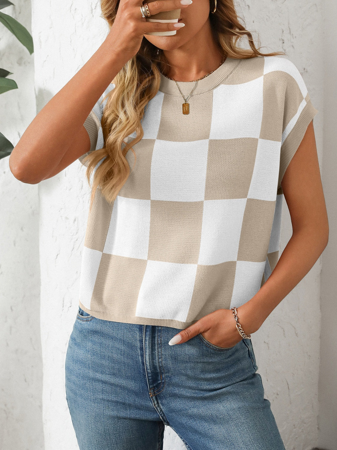 Mandy Checkered Round Neck Cap Sleeve Knit Top Khaki