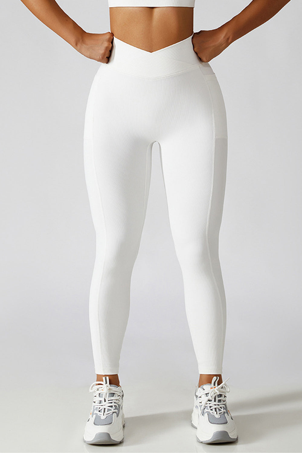 High-Waist Pocket Leggings with Crossover Detail White